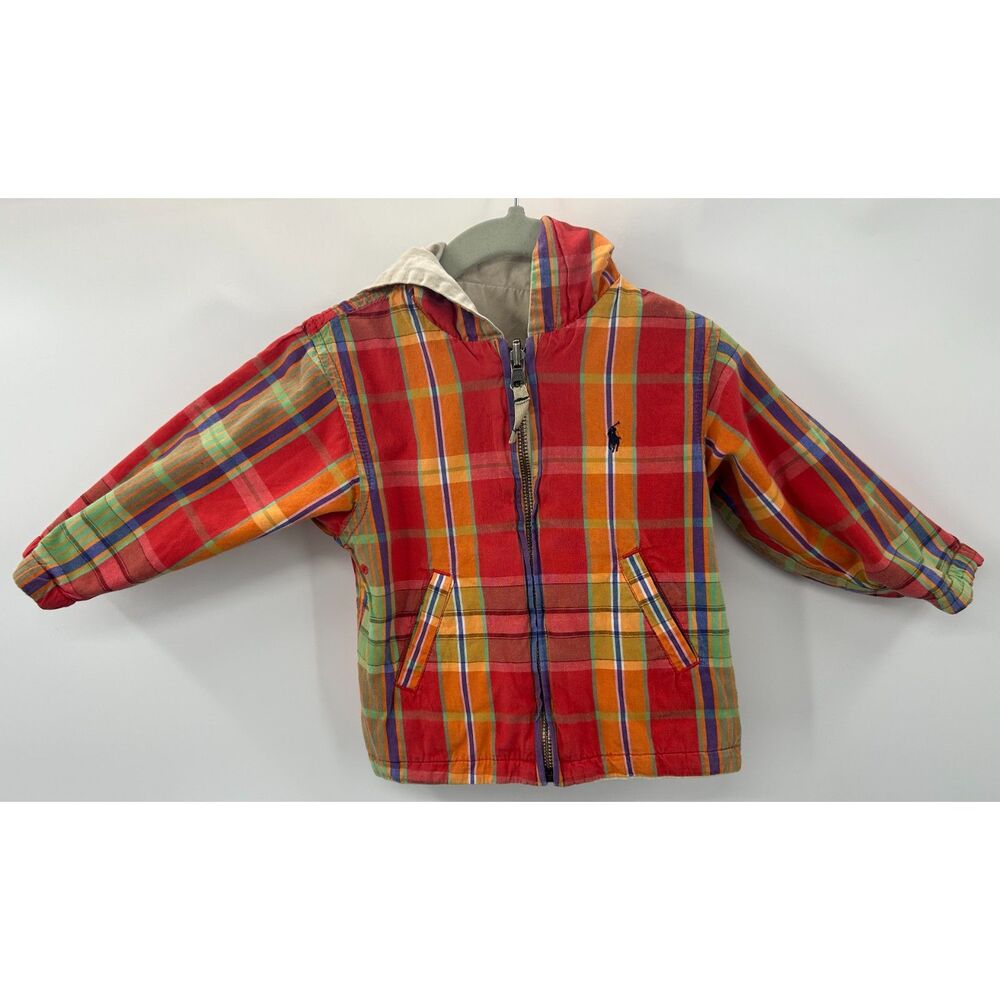 Polo Ralph Lauren Kids Reversible Jacket Multi Plaid Solid Khaki Hood 18 months